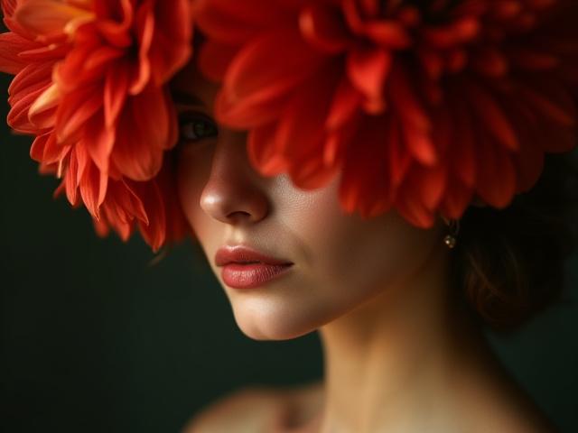 Portrait artistique d'une femme avec de grandes fleurs en arrière-plan