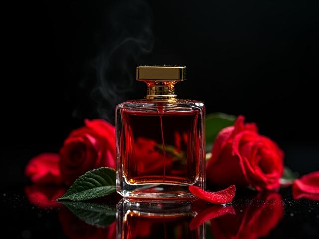 Vidéo de produit luxueuse avec une bouteille de parfum et des roses