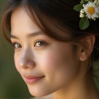 Un portrait de femme douce avec des fleurs dans les cheveux, éclairage naturel