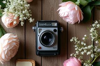 Gros plan d'un appareil photo vintage entouré de fleurs délicates